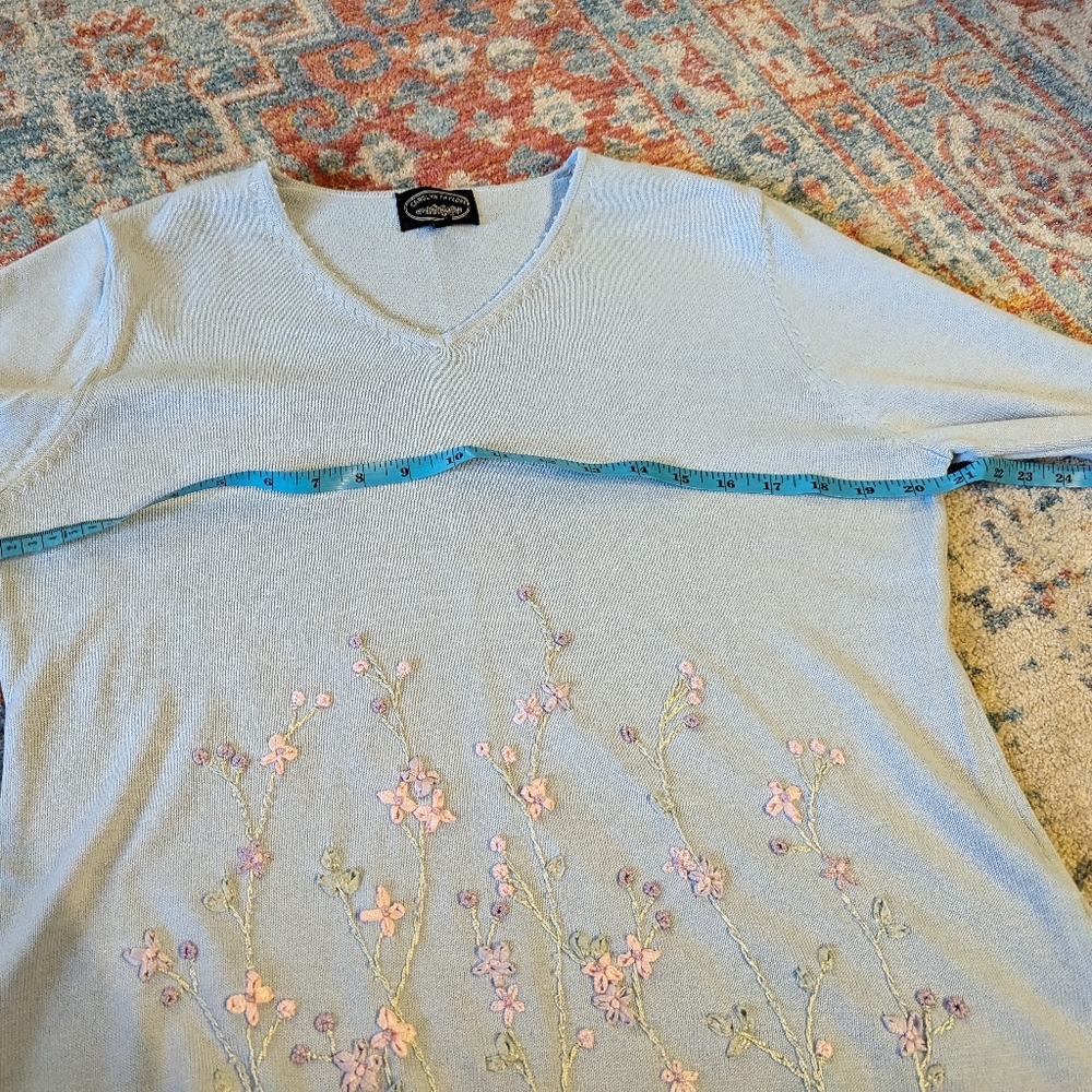 90s Carolyn Taylor Wmns Medium Floral Embroidery Bead Neck Knit Top Cottage 149 - Picture 11 of 13
